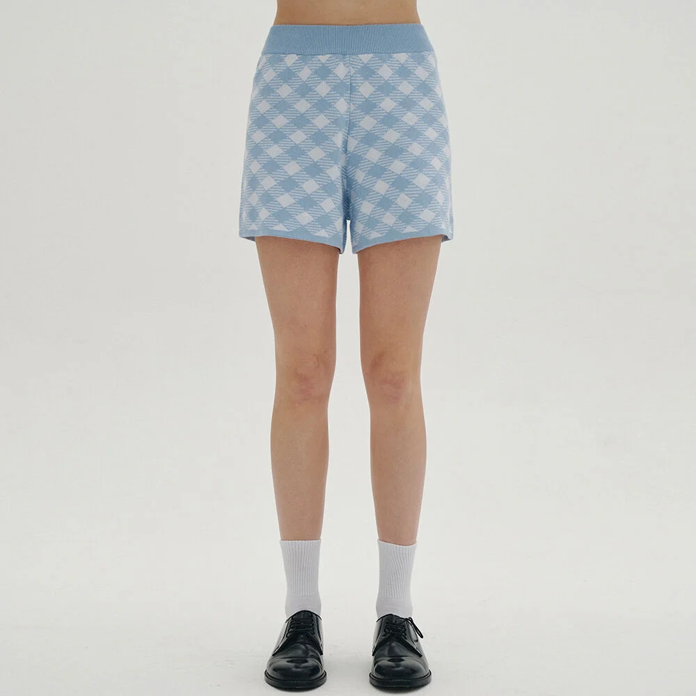 Gingham Knit Shorts (Sky Blue)