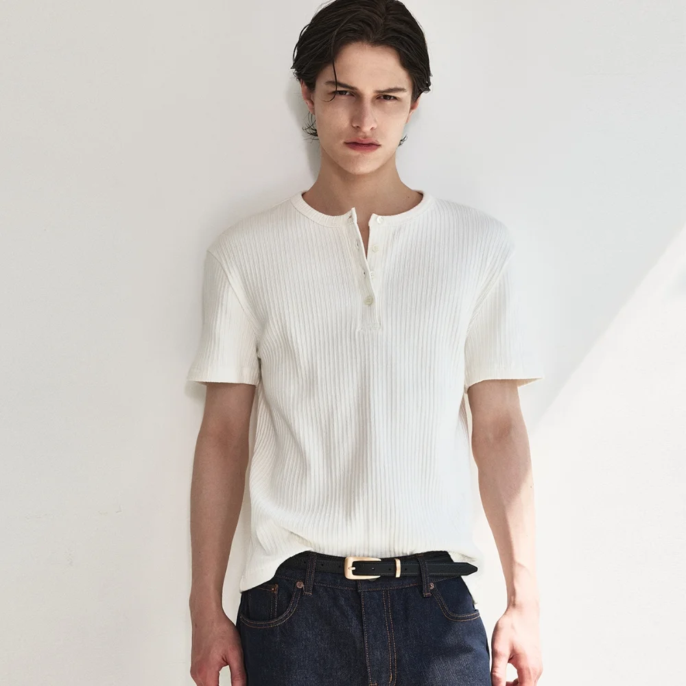 Wale Cotton Henley Neck Top_White