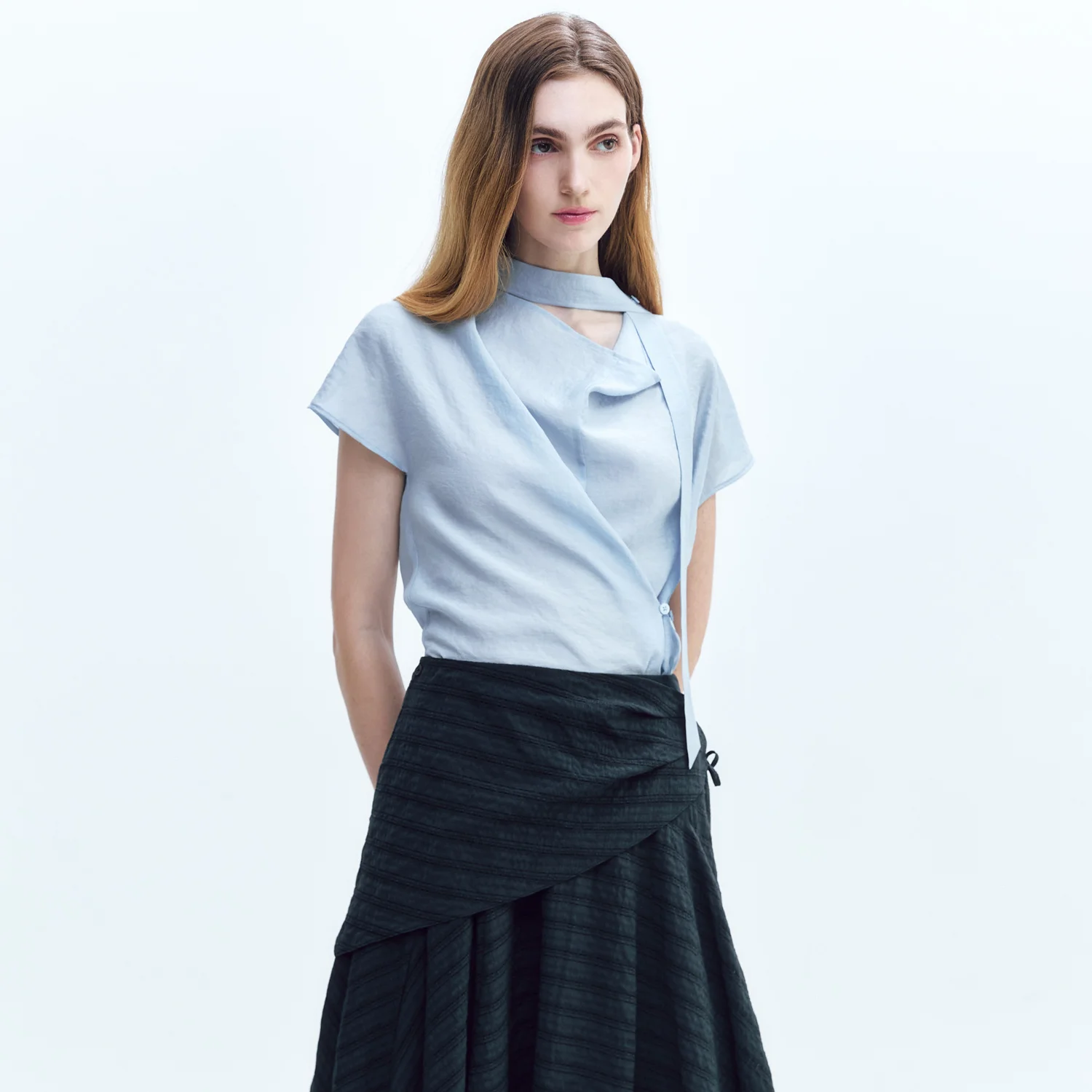 Cowl-neck Wrap Tie Blouse BLUE