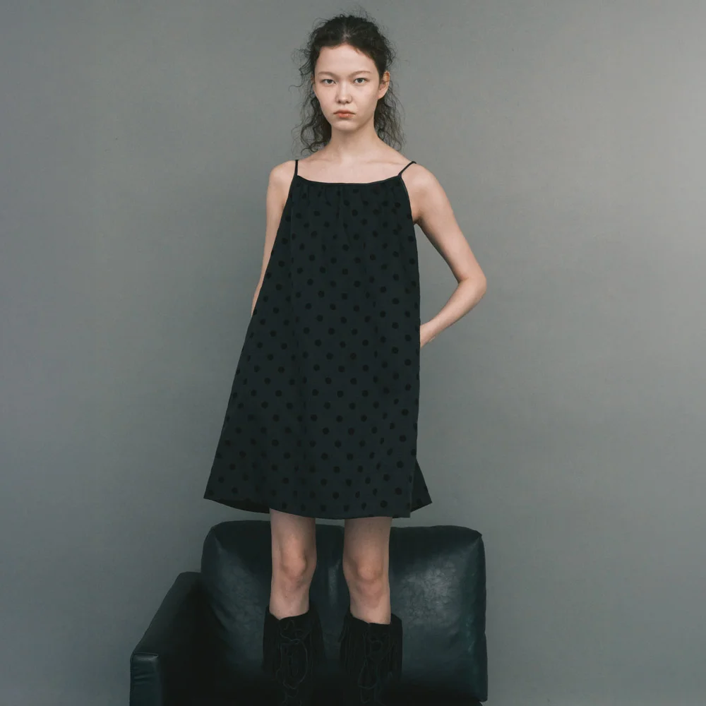 FLOCKING DOT MINI DRESS / BLACK