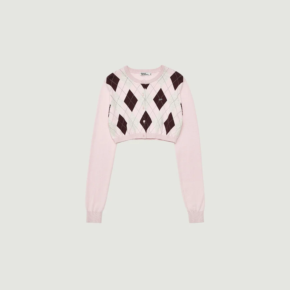 VENI ARGYLE CROP CARDIGAN (PINK)