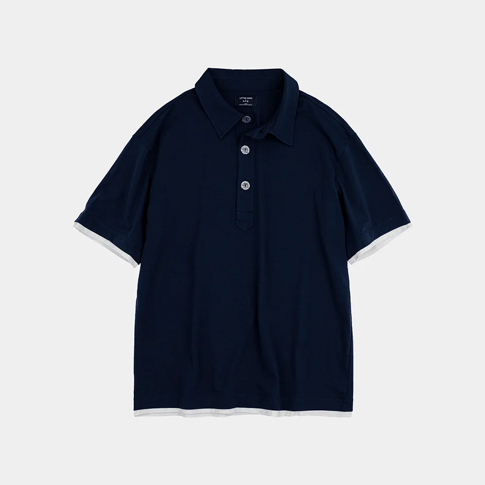 灰塵色 層次 短袖 Polo 襯衫 深海軍藍