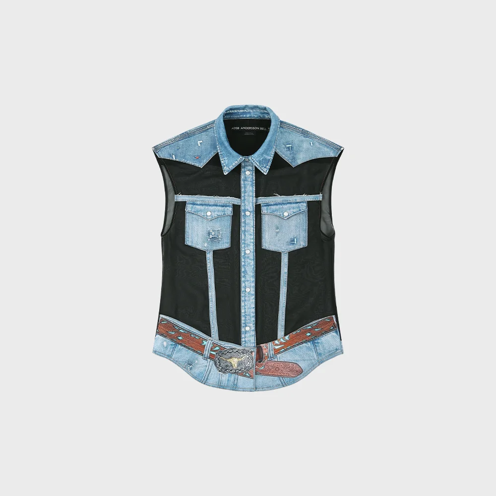 DENIM PRINTED SLEEVELESS SHIRTS atb1303w(DENIM/BLACK)