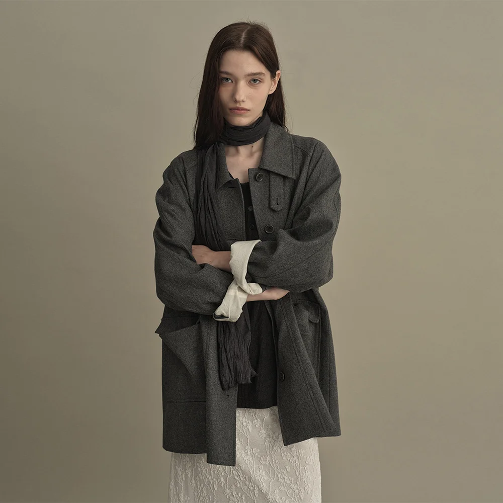 WOOL TRENCH HALF COAT (dust gray)