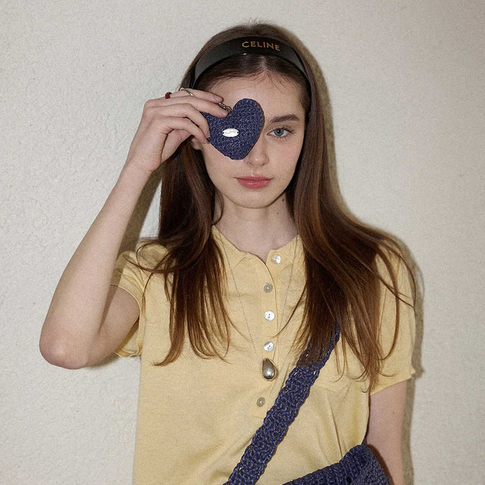 Chubby Heart Handmade Crochet Raffia Keyring _ Navy