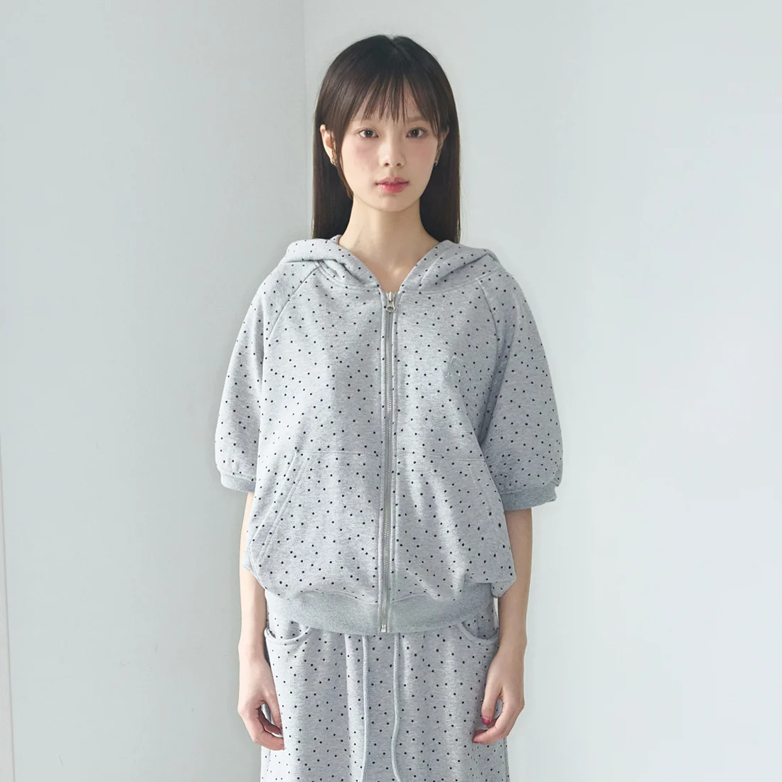 圓點 短袖 連帽拉鍊外套