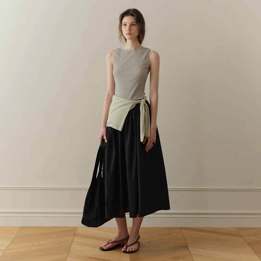 Tia Shirring Maxi Dress (Black Stripe)