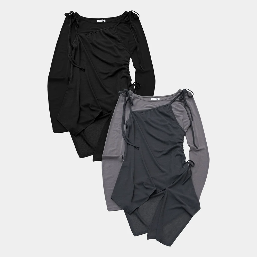 不對稱 裁切 抽褶 肩帶 斜向 層次 Long Sleeveless 套裝_2COLOR