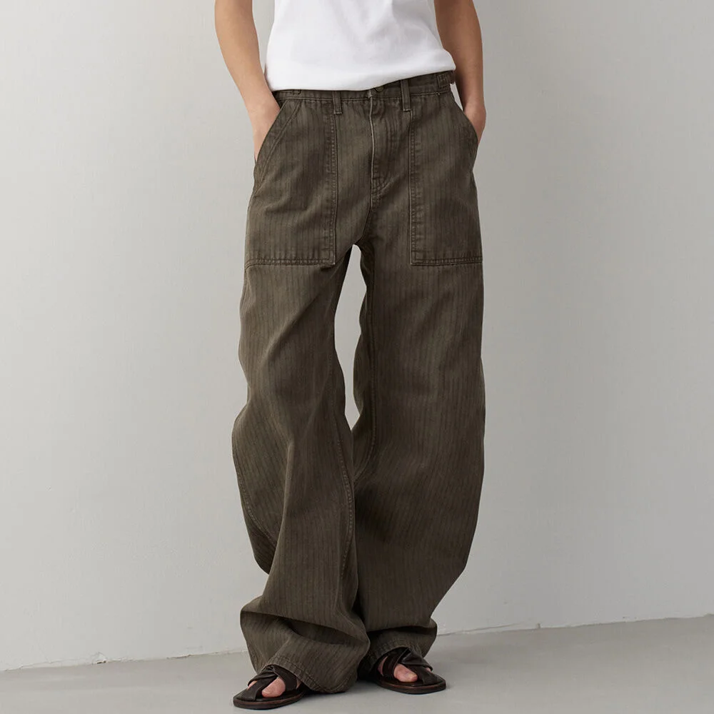 牛仔 圓領 工裝 褲子_khaki