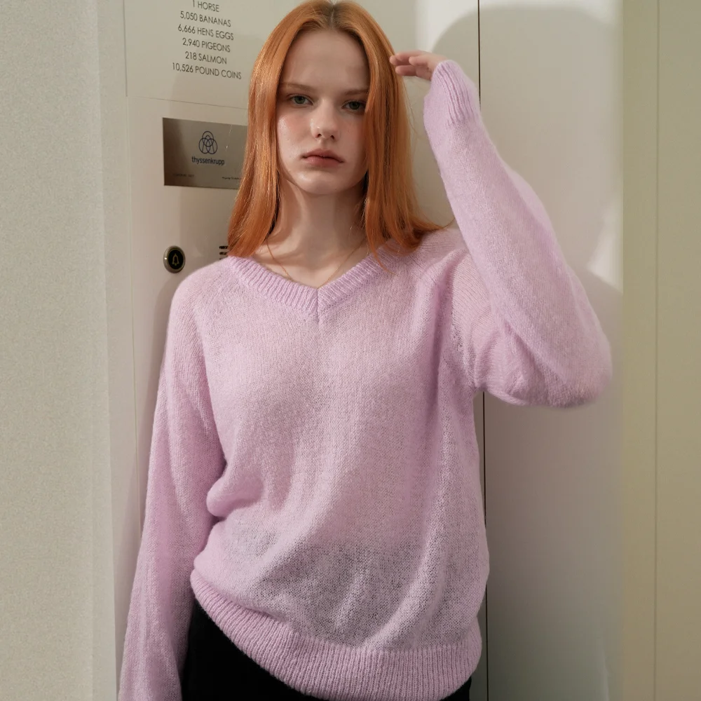 Mohair V-neck Basic Knit (Purple_pink)