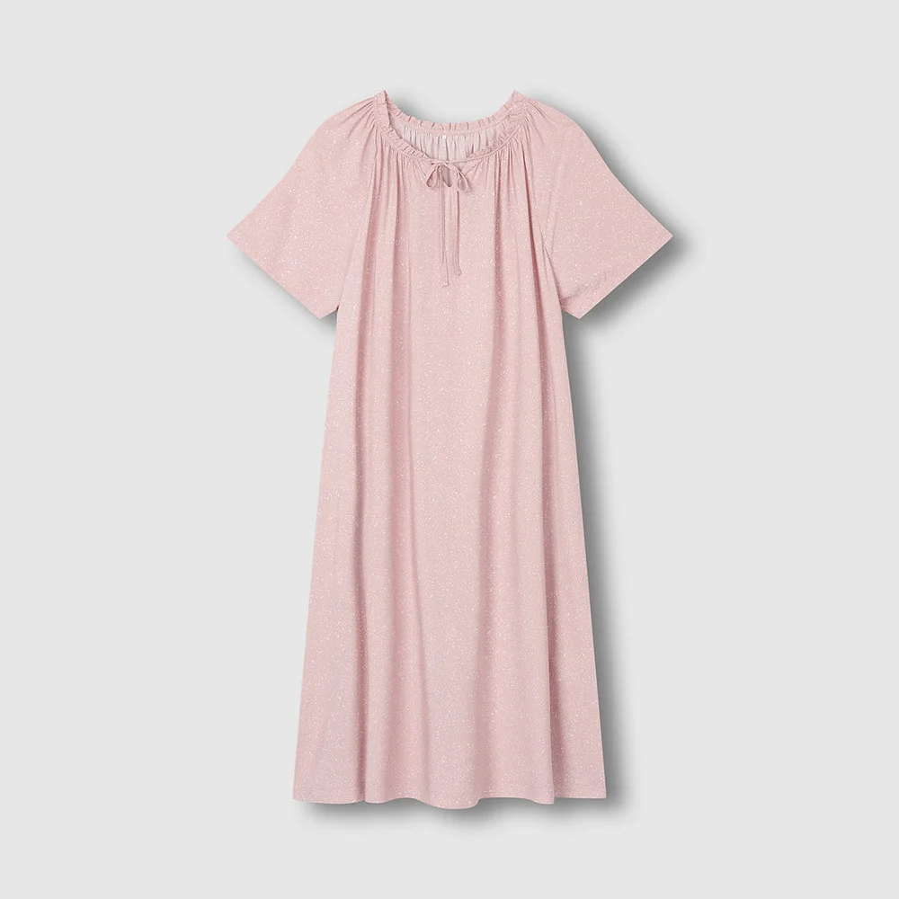 女裝 人造絲 圓點 短袖 睡衣 連衣裙_淺 粉色