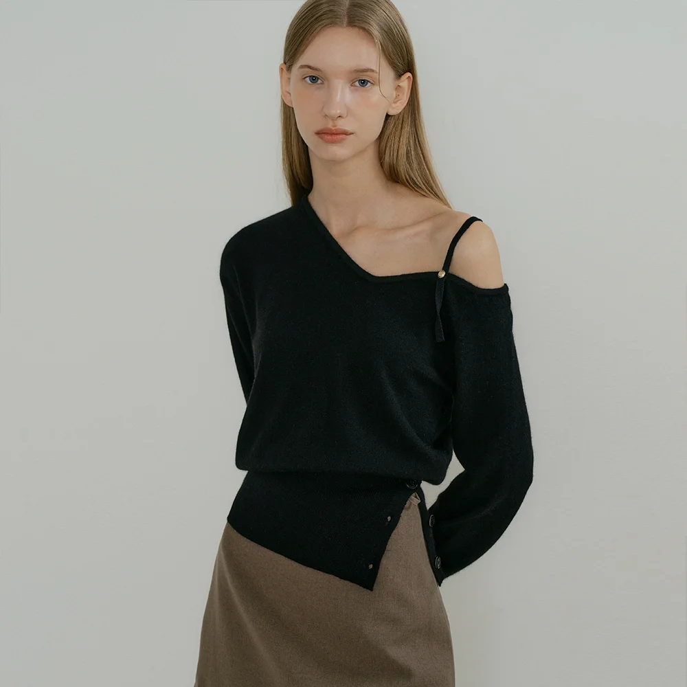 comos 1264 button slit off-shoulder knit (black)