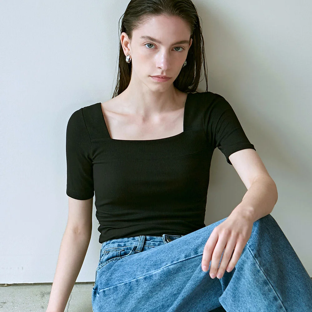 SQUARE NECK SLIM KNIT_BLACK