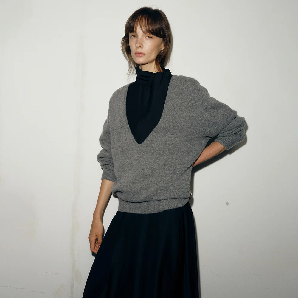 CASH WOOL DEEP V_NECK KNIT_MELANGE GREY