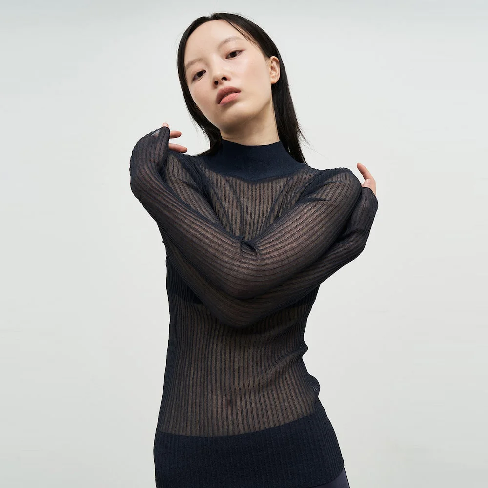 Sheer Rib Super Slim Pullover Navy (AG4851A04R)