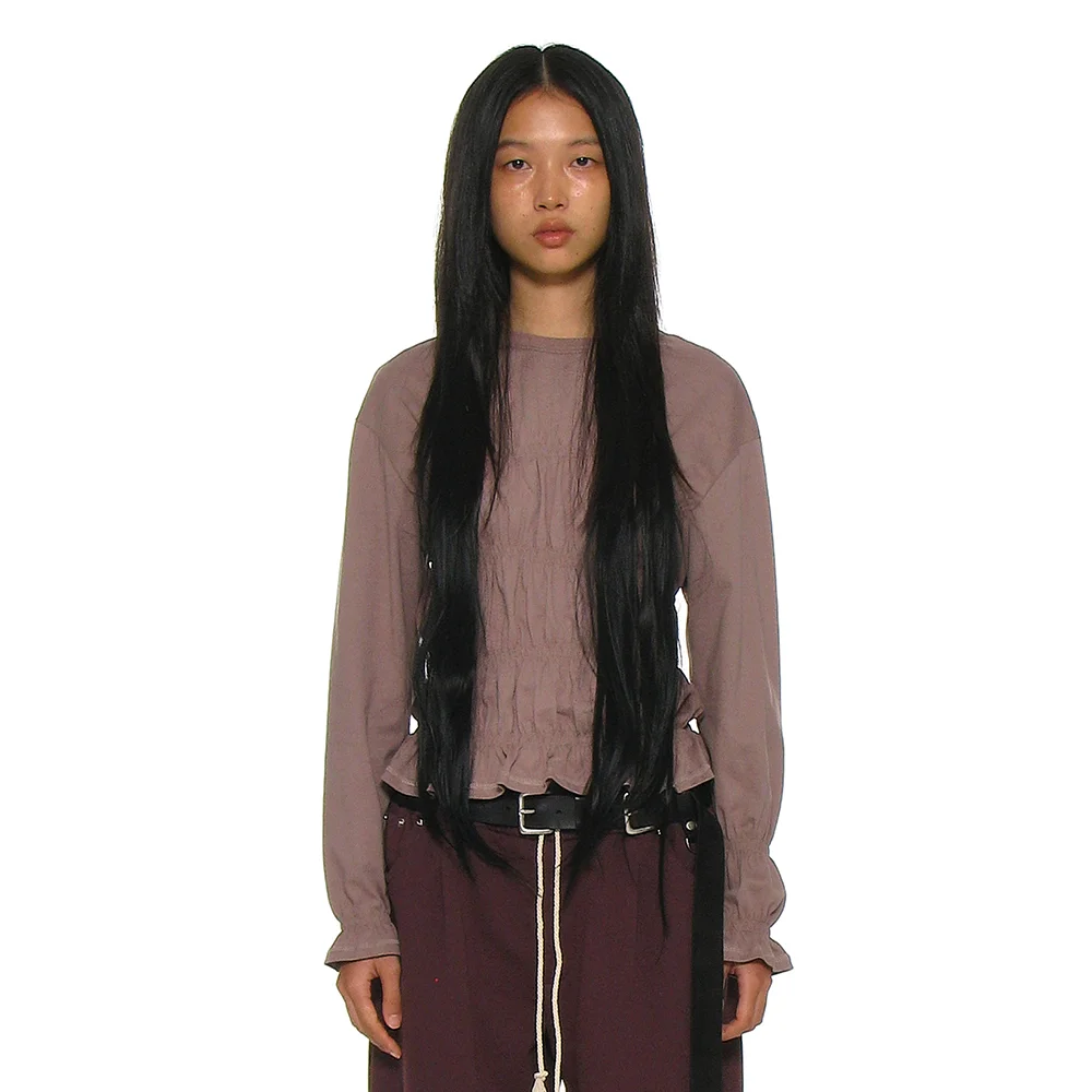 SMOCKED LONG SLEEVE TOP_MOCHA