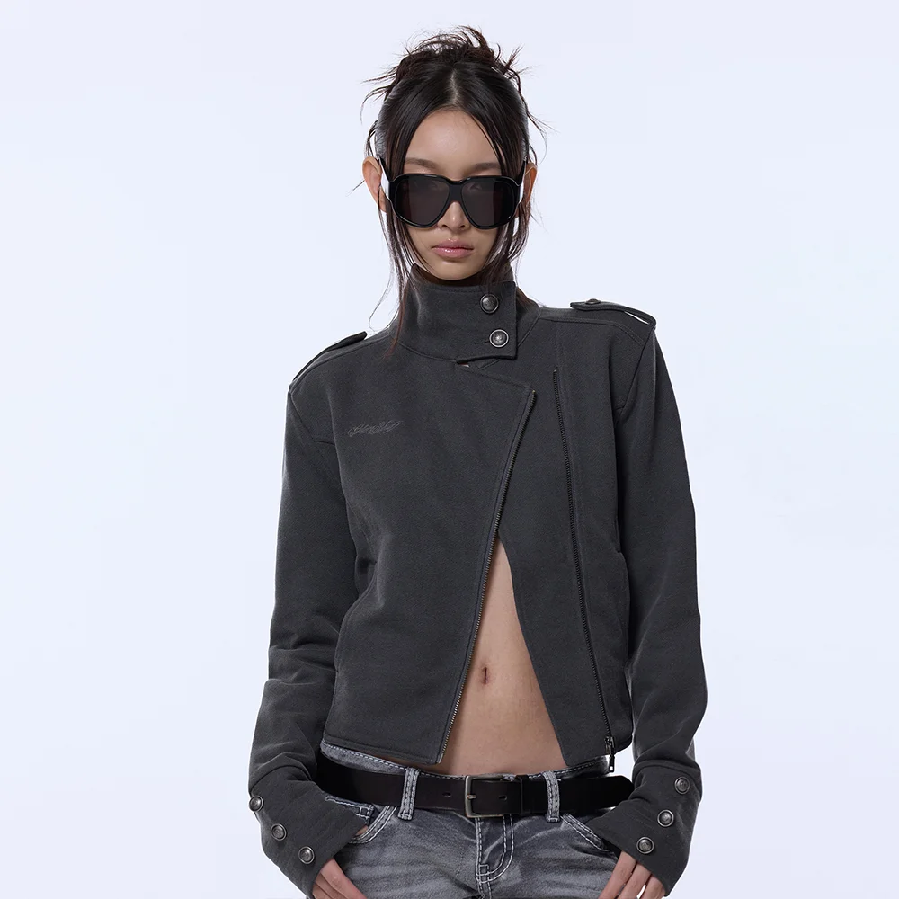 HIGH NECK NAPOLEON SIDE ZIP JACKET_GREY