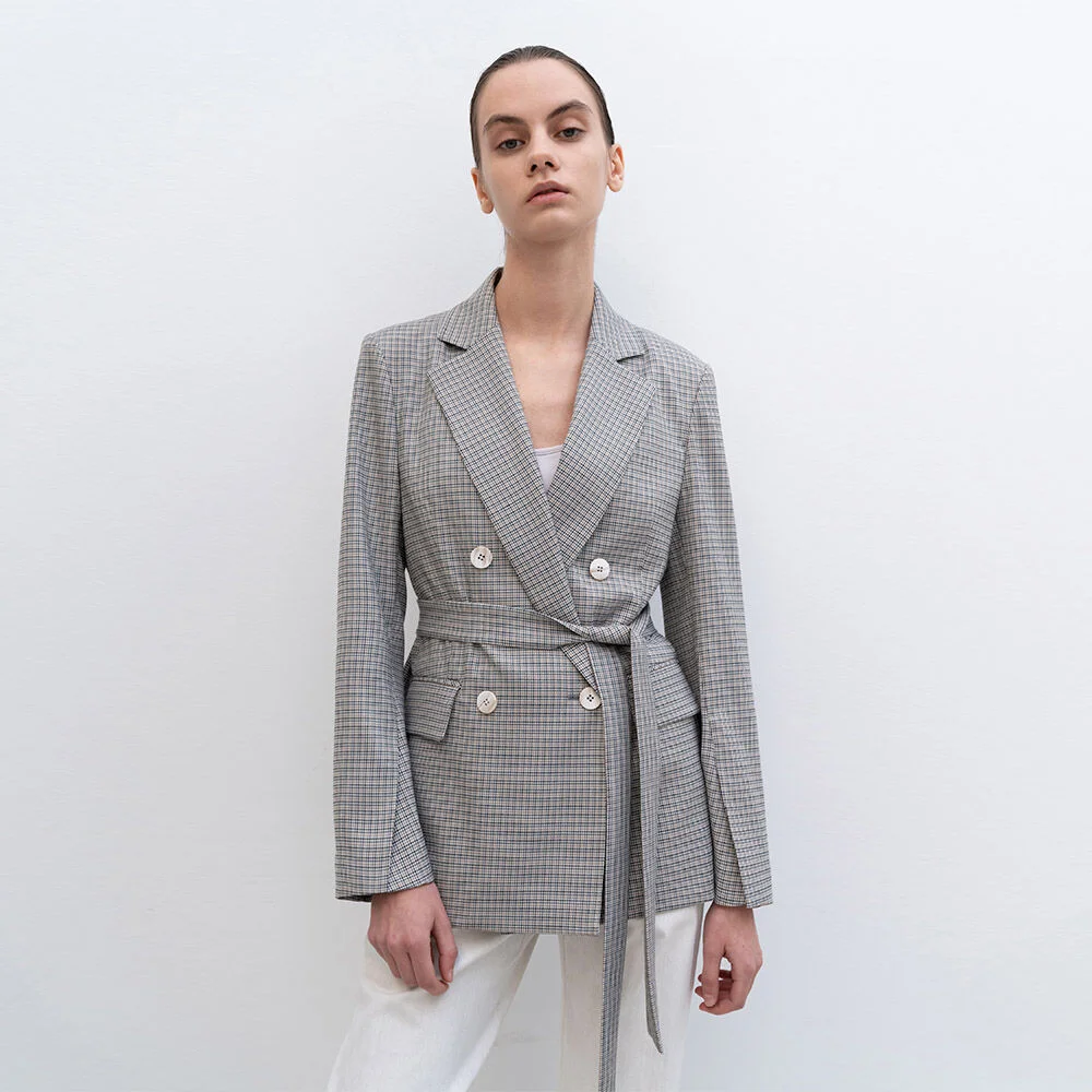 CLASSY TIE BELT CHECKED JACKET