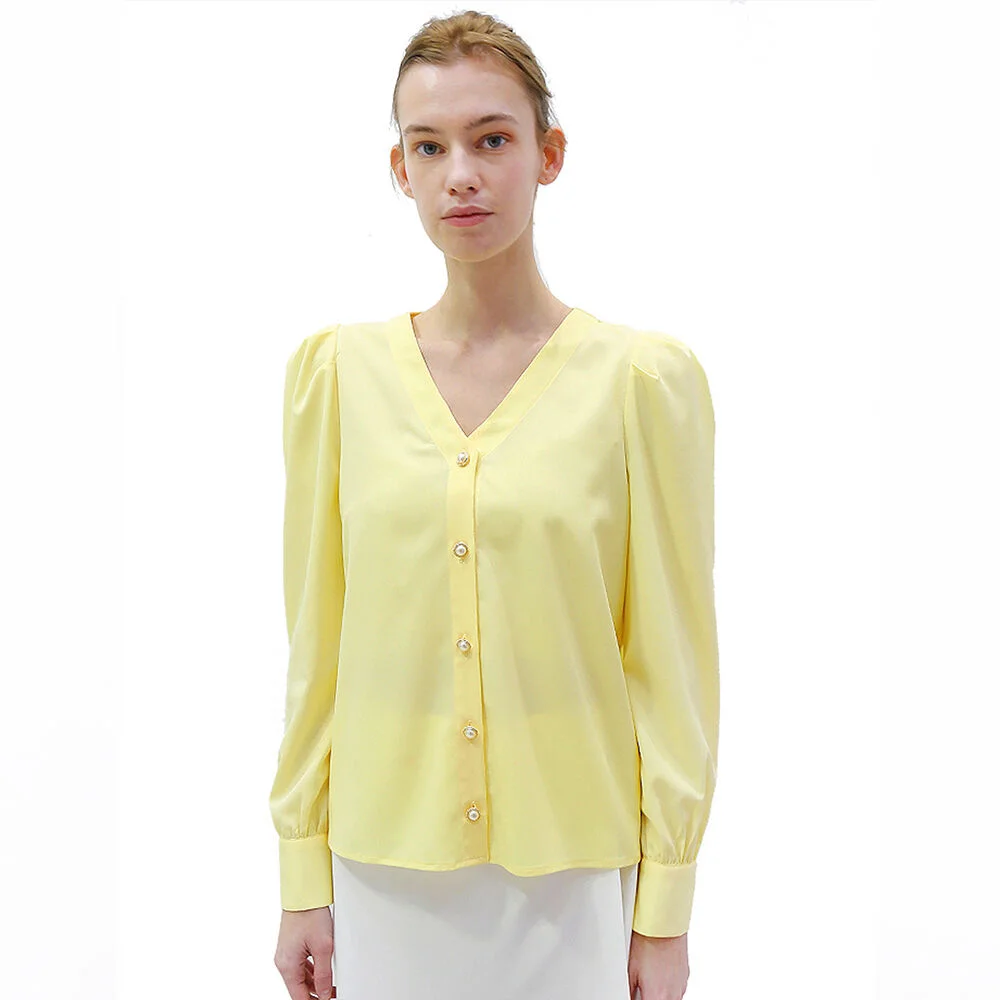 泡泡 V領 黃色 雪紡衫_ Puff V-neck Yellow BL