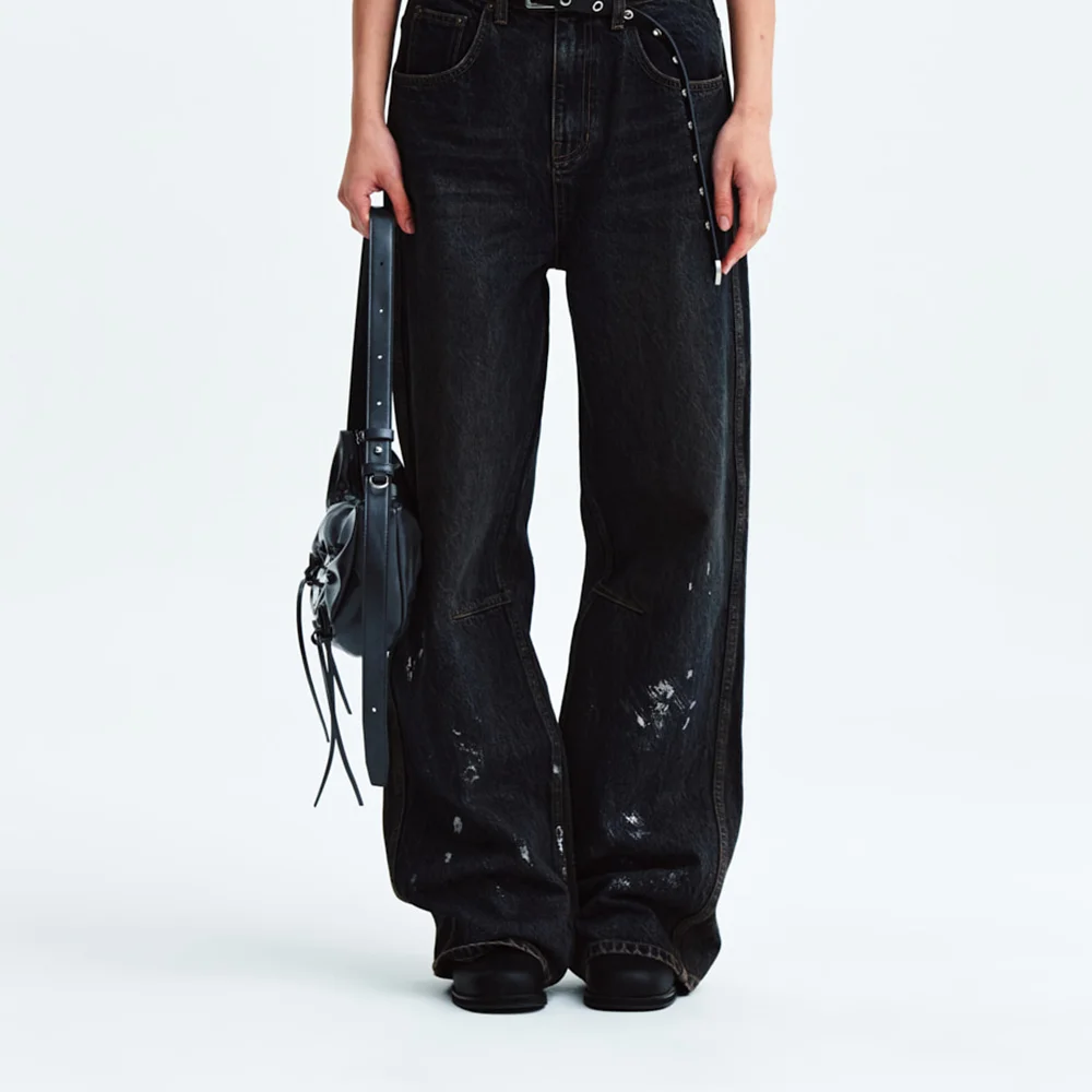 FOIL DETAIL DENIM BAGGY PANTS IN NAVY