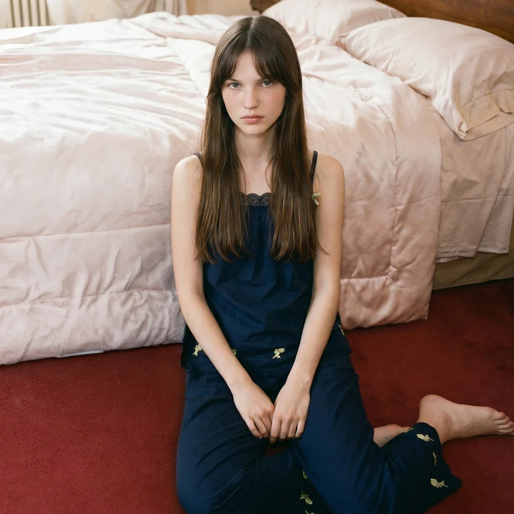 Rose Embroidered Pajama SET-UP (Dark Navy)