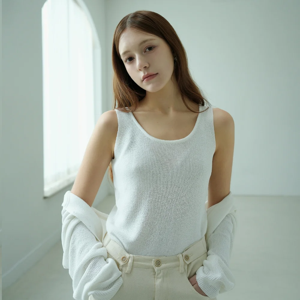 Linen Sleeveless Cardigan Knit Set-up (white)