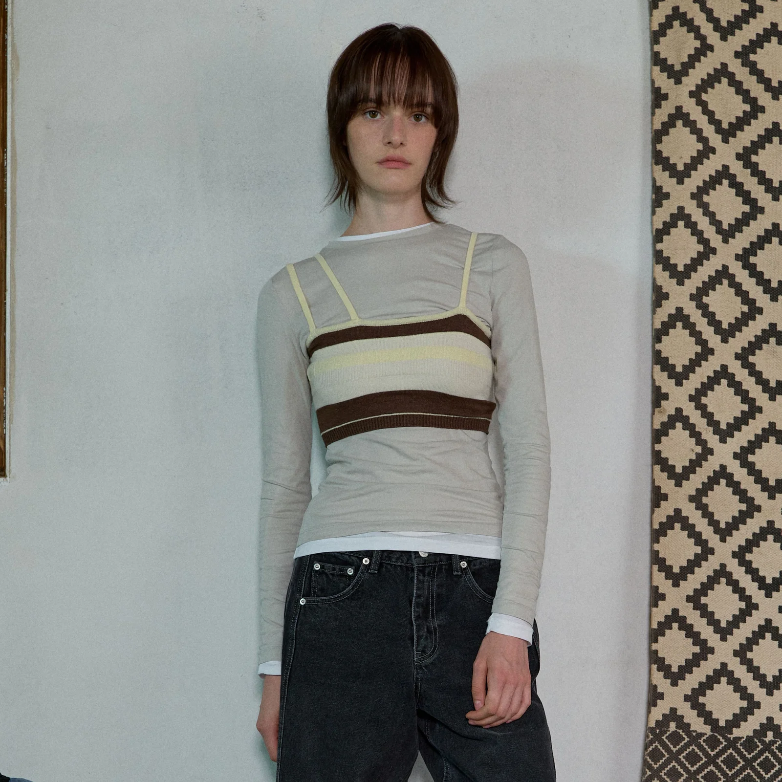 STRIPE KNIT BRA TOP - BROWN/LEMON