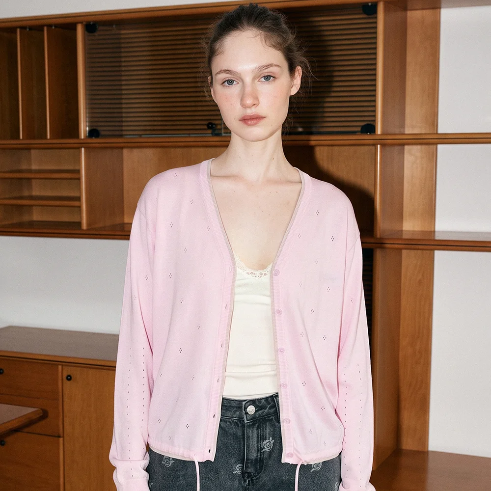 V Neck String Punching Cardigan (Light Pink)