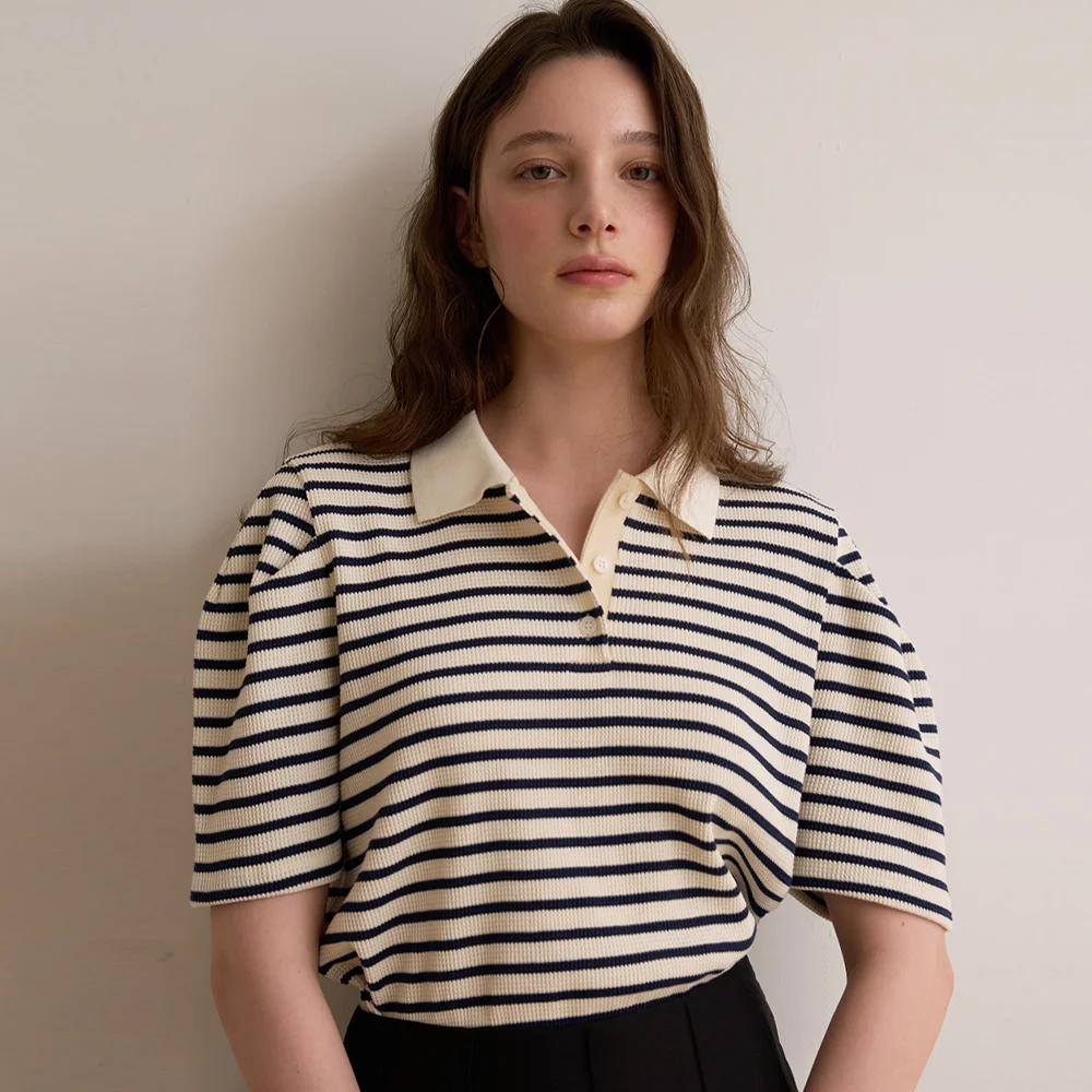 Stripe collar puff top - Navy