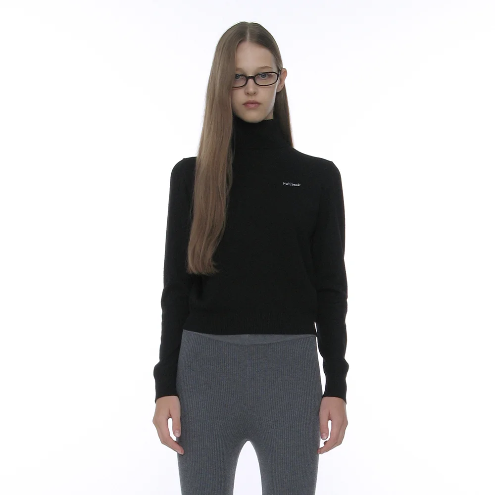 PWC EMBROIDERY HIGH NECK KNIT TOP_BLACK