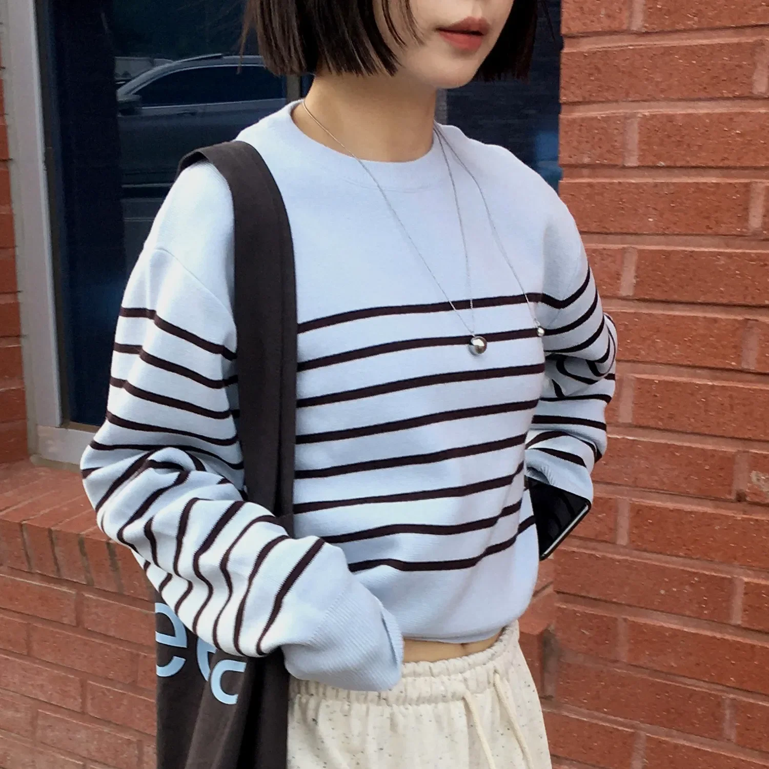 MARINE Wool Cotton Stripe Pullover Knit Sky Blue