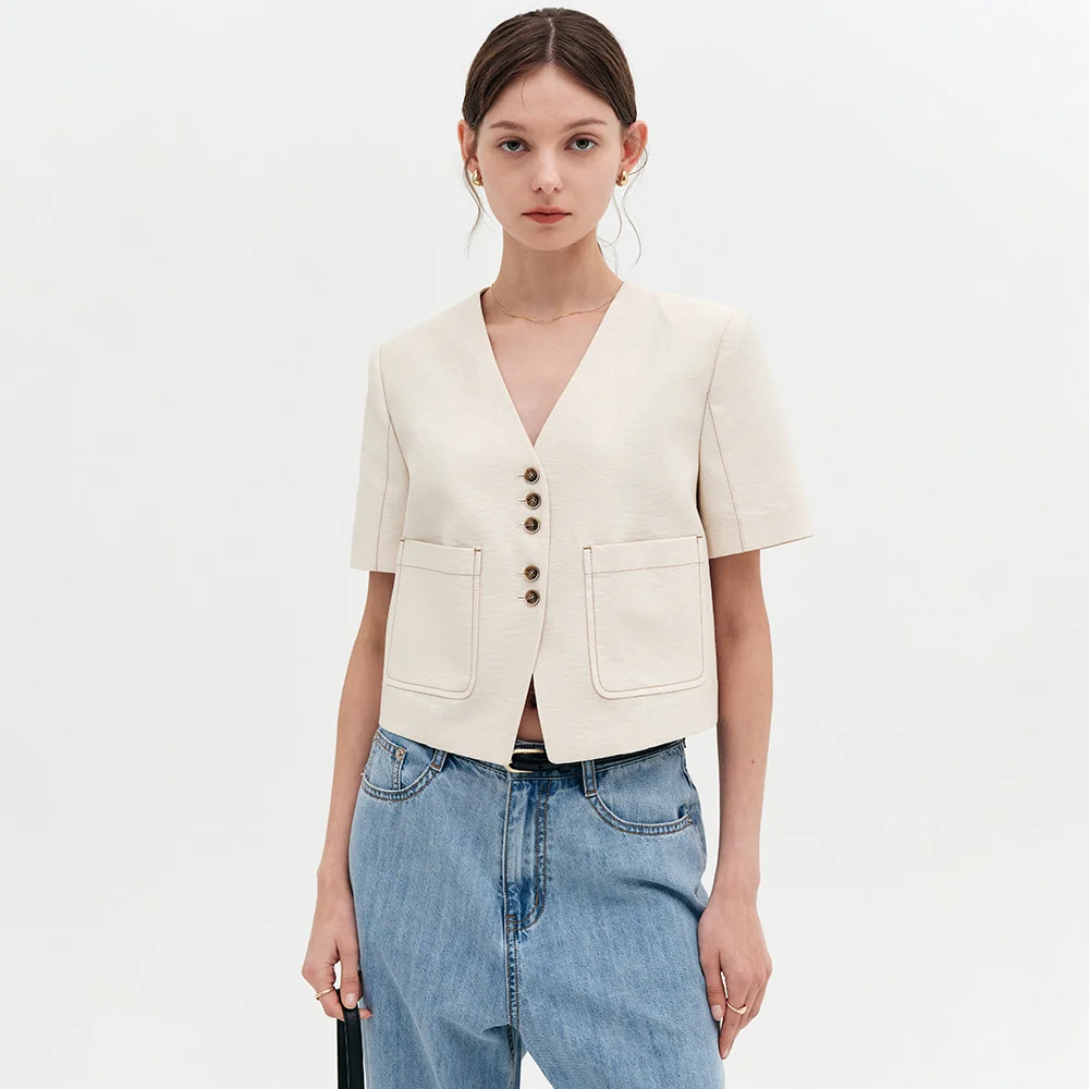 Corin 亞麻 Kararis 短版 外套_淺 米色 / CORINNE LINEN COLLARLESS CROP JACKET_LIGHT BEIGE