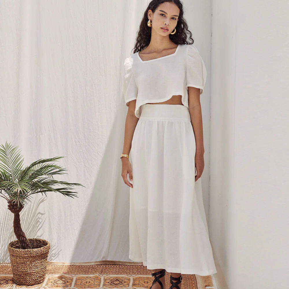 Linen Cotton Cropped Top + Wide Waist Skirts set-up