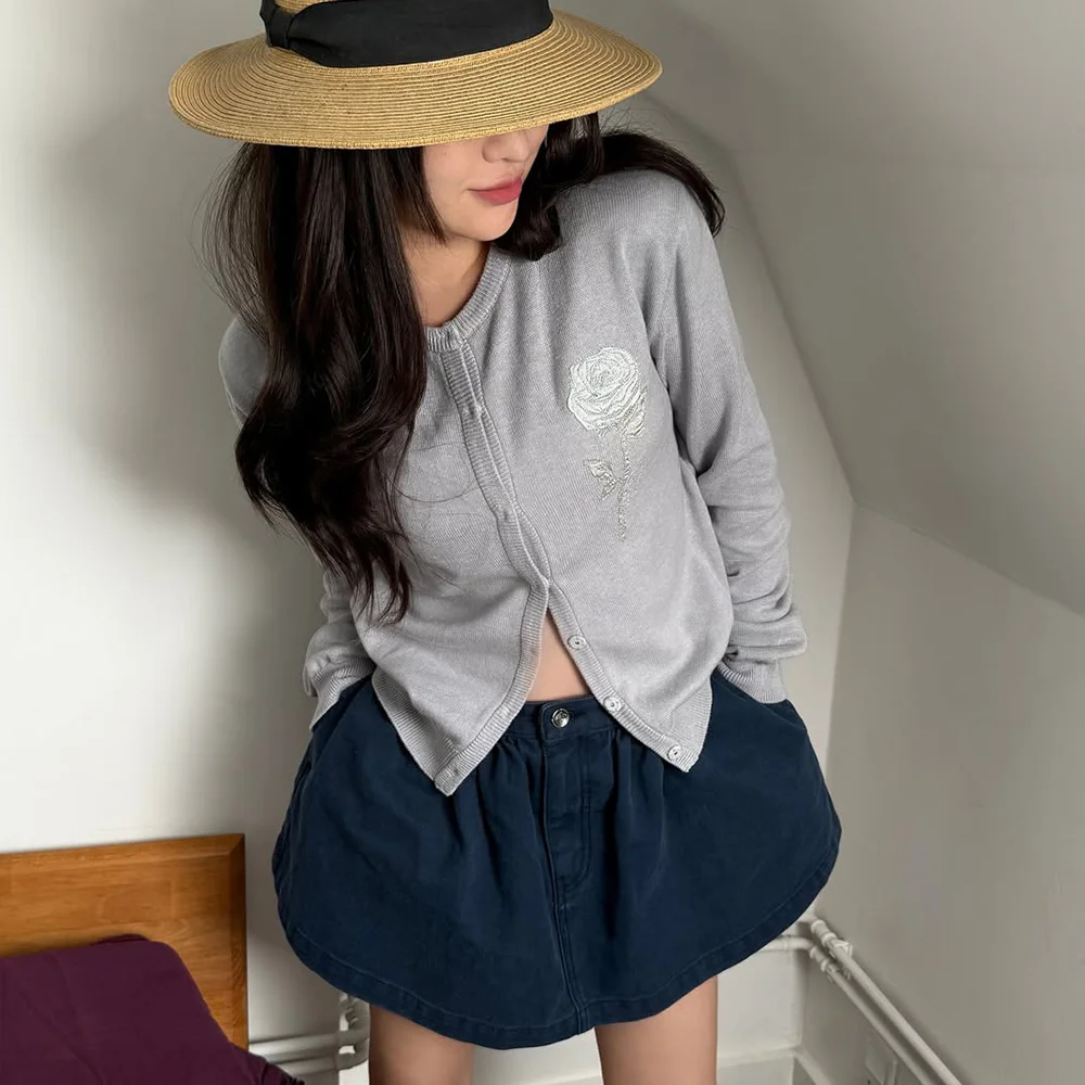 Embroidered Rose Cardigan (Greyish Blue)