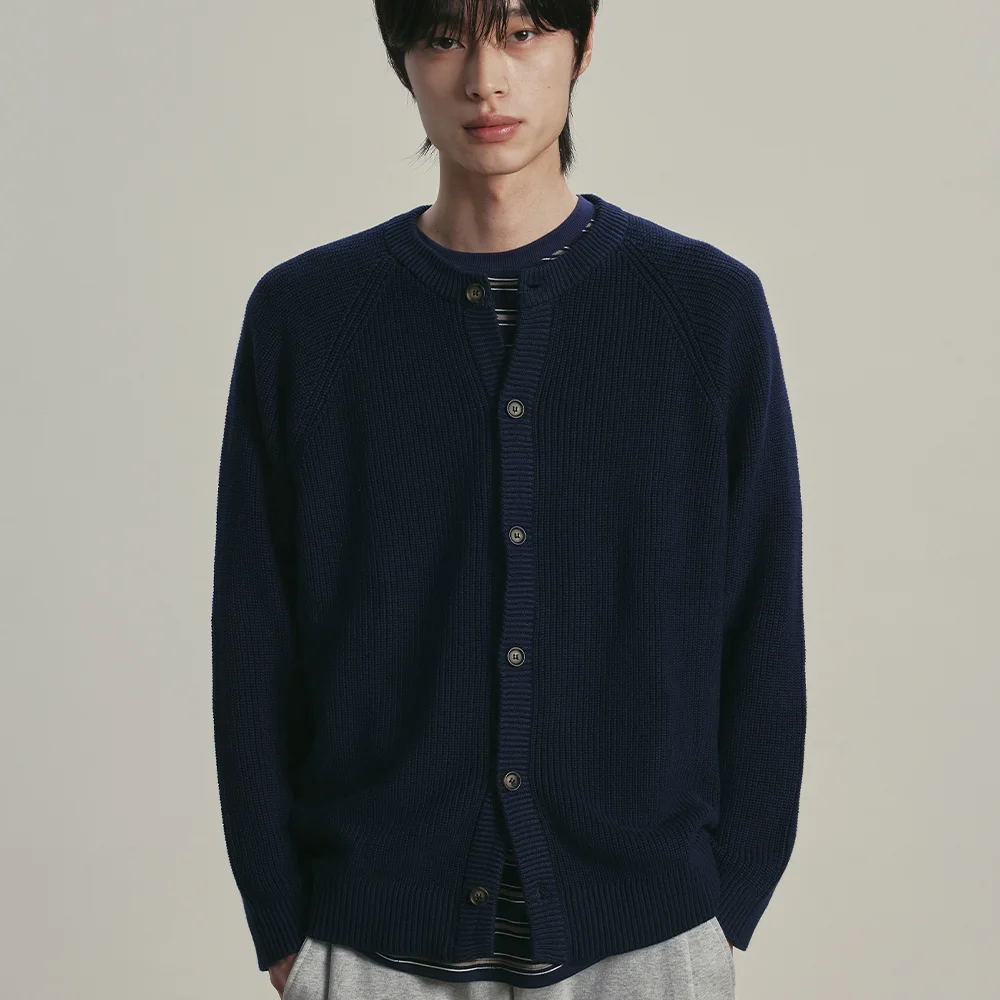 純棉 華夫格 圓領 開襟外套 NAVY
