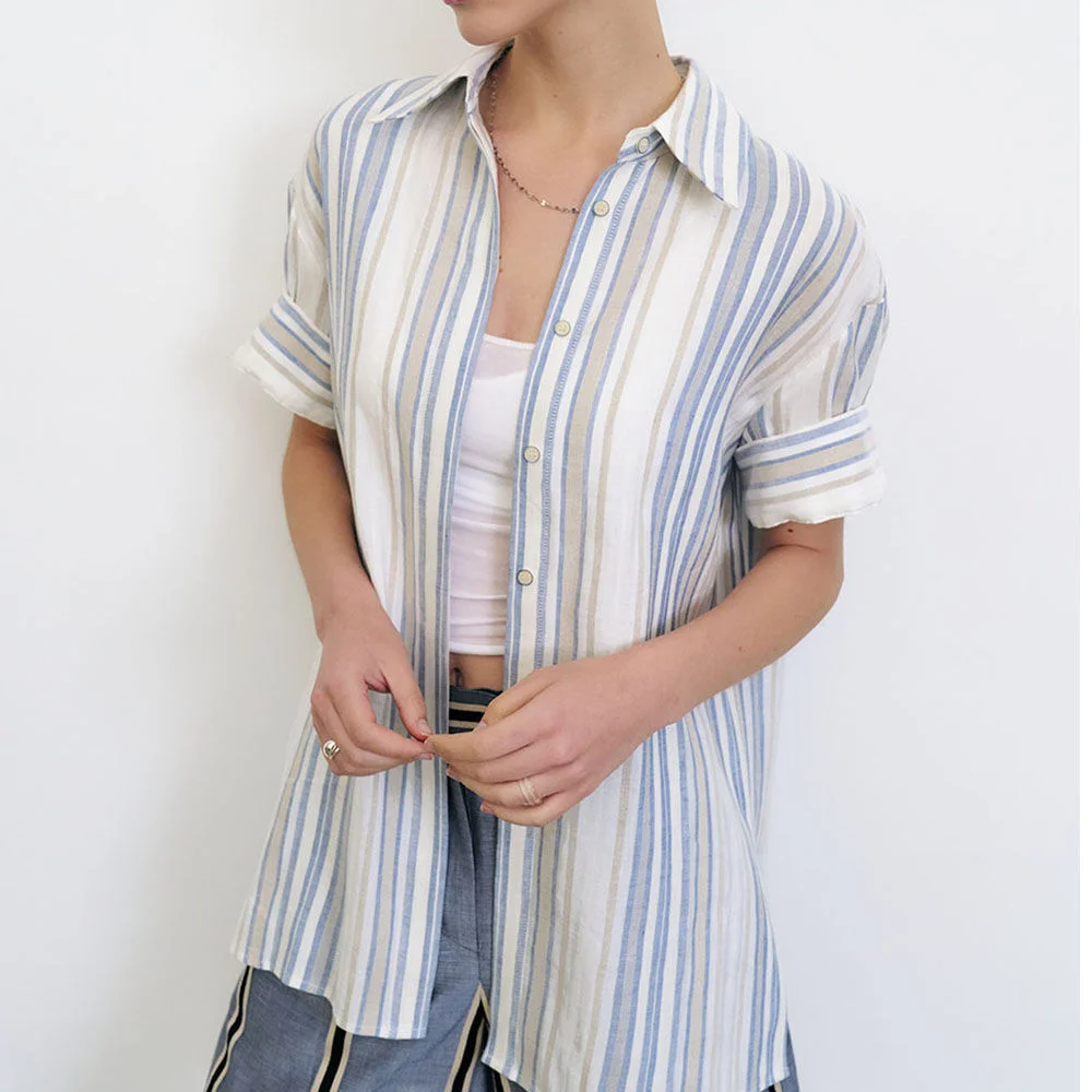 Linen-blend Oversize Stripe Shirt (Blue)
