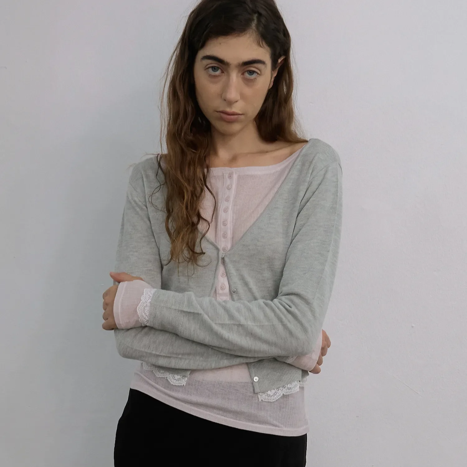 BELIN Lace-Layered Cardigan Heather Grey