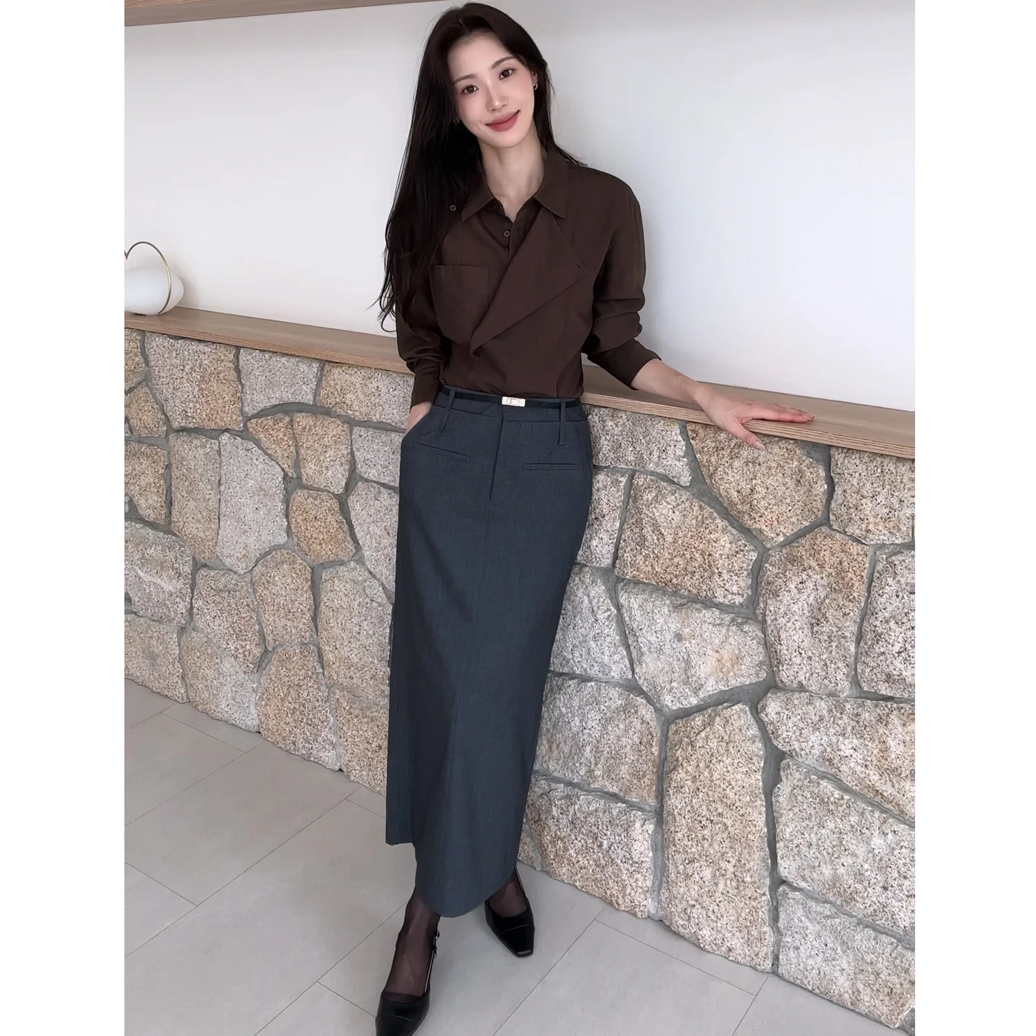 Double Waistband Maxi Skirt CHARCOAL GREY