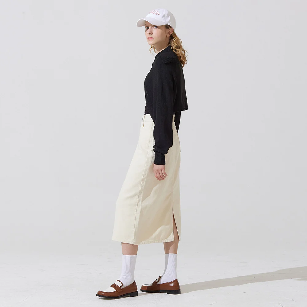 Piff embroidery denim long skirt - cream