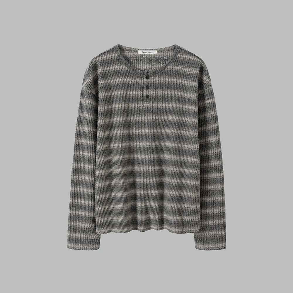 華夫格 亨利領 LS T恤_GREY STRIPE