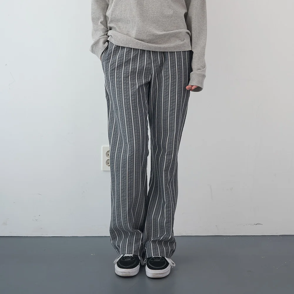 泡泡紗 條紋 鬆緊帶 靴型 褲子 (Grey)