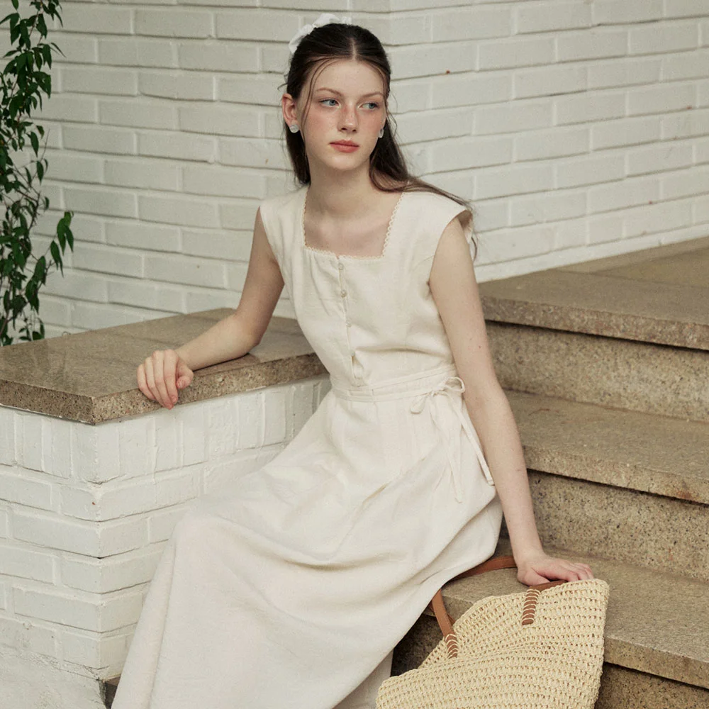 Classic pintuck line ribbon long dress - natural