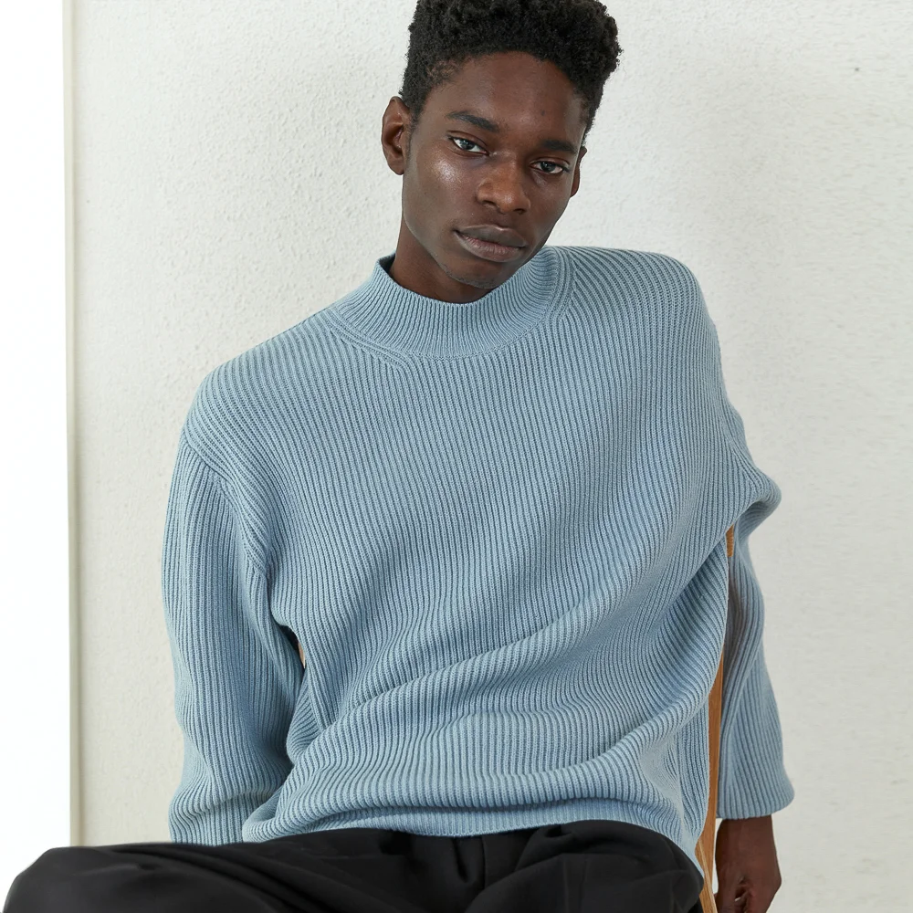 基本款 半高領 寬鬆 針織衫(MAN)_藍色