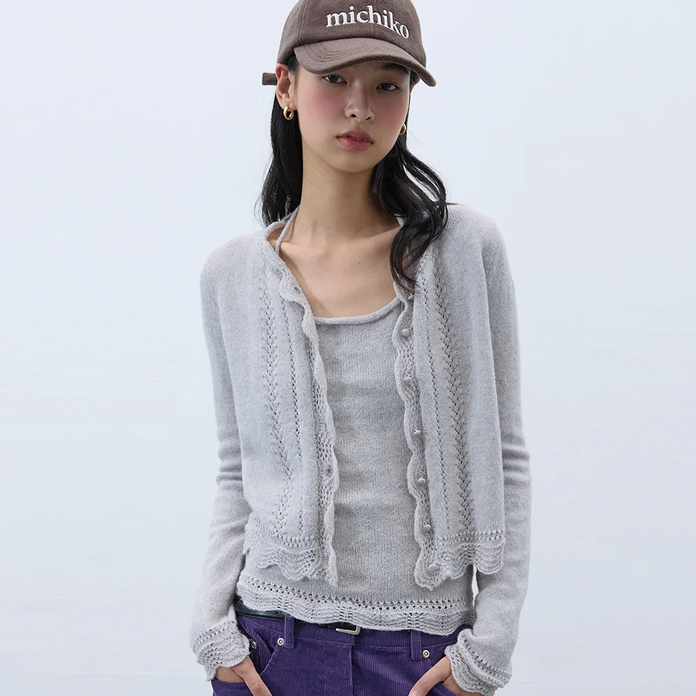 Scallop Lace Cardigan Set Melange grey