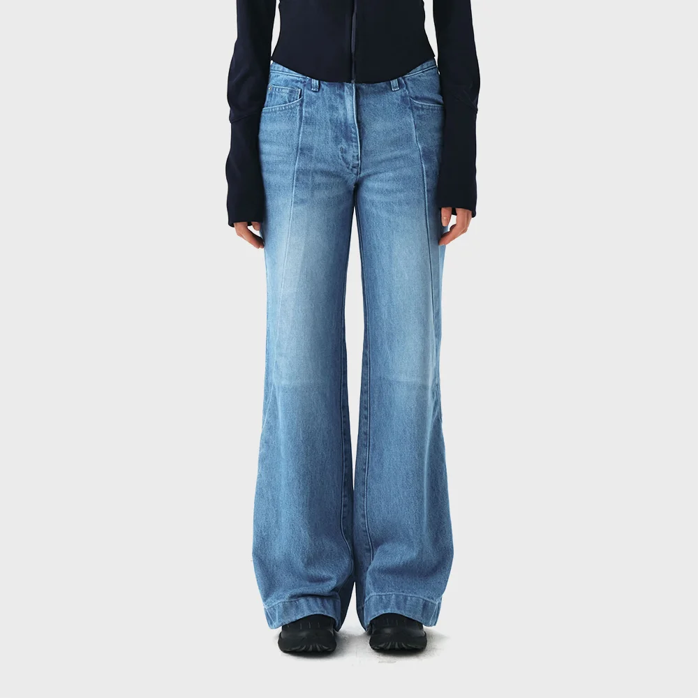 WOMENS DIAGONAL CUT DENIM BOOTCUT PANTS (BLUE)