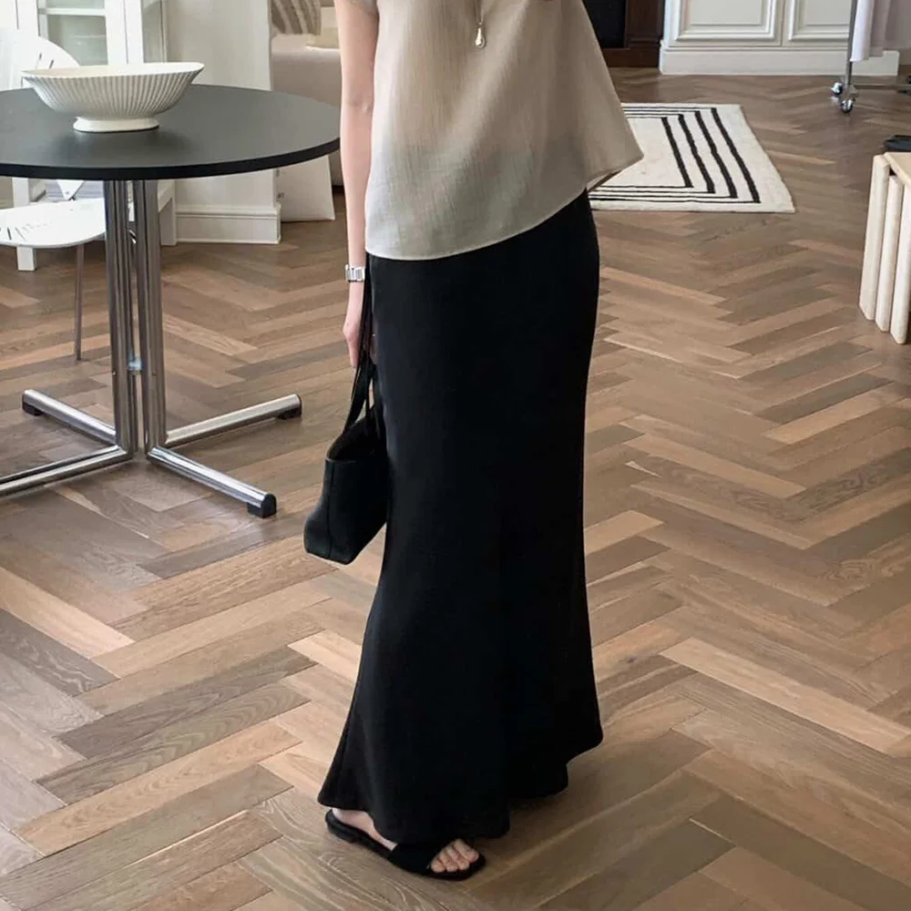 SATIN LONG SKIRT_BLACK