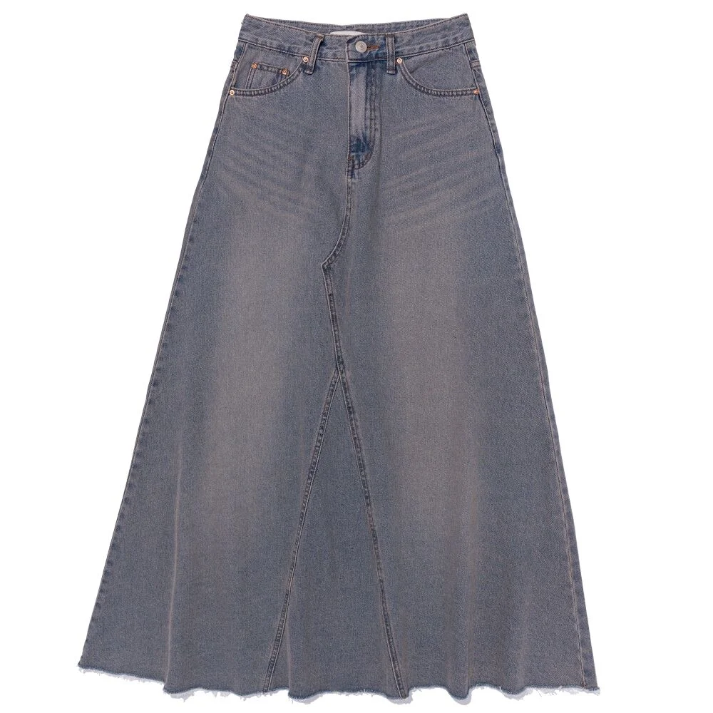 Maxi 牛仔 毛邊 A線條 長 半身裙 (淺藍牛仔)
