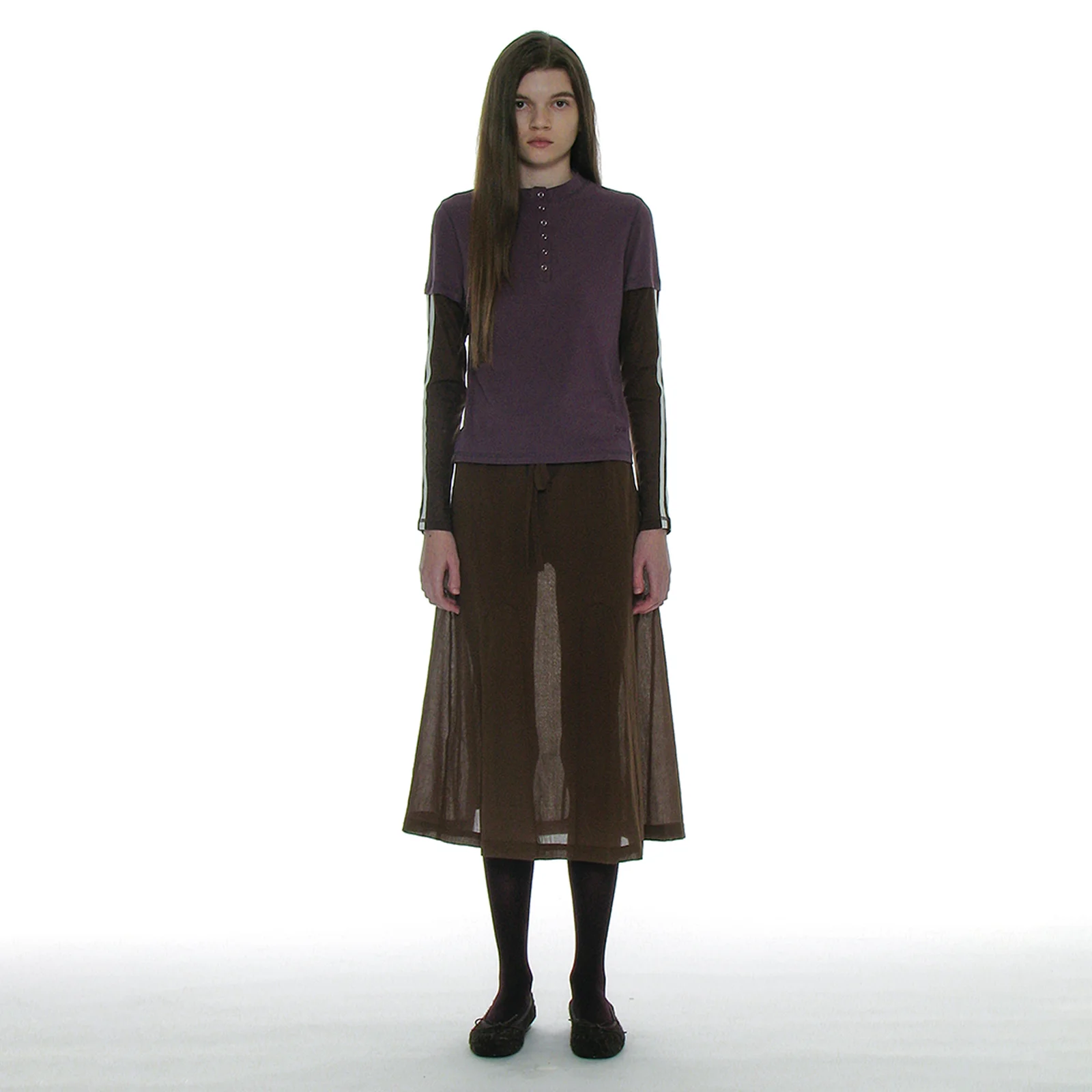 SHEER GORED MIDI SKIRT_BROWN