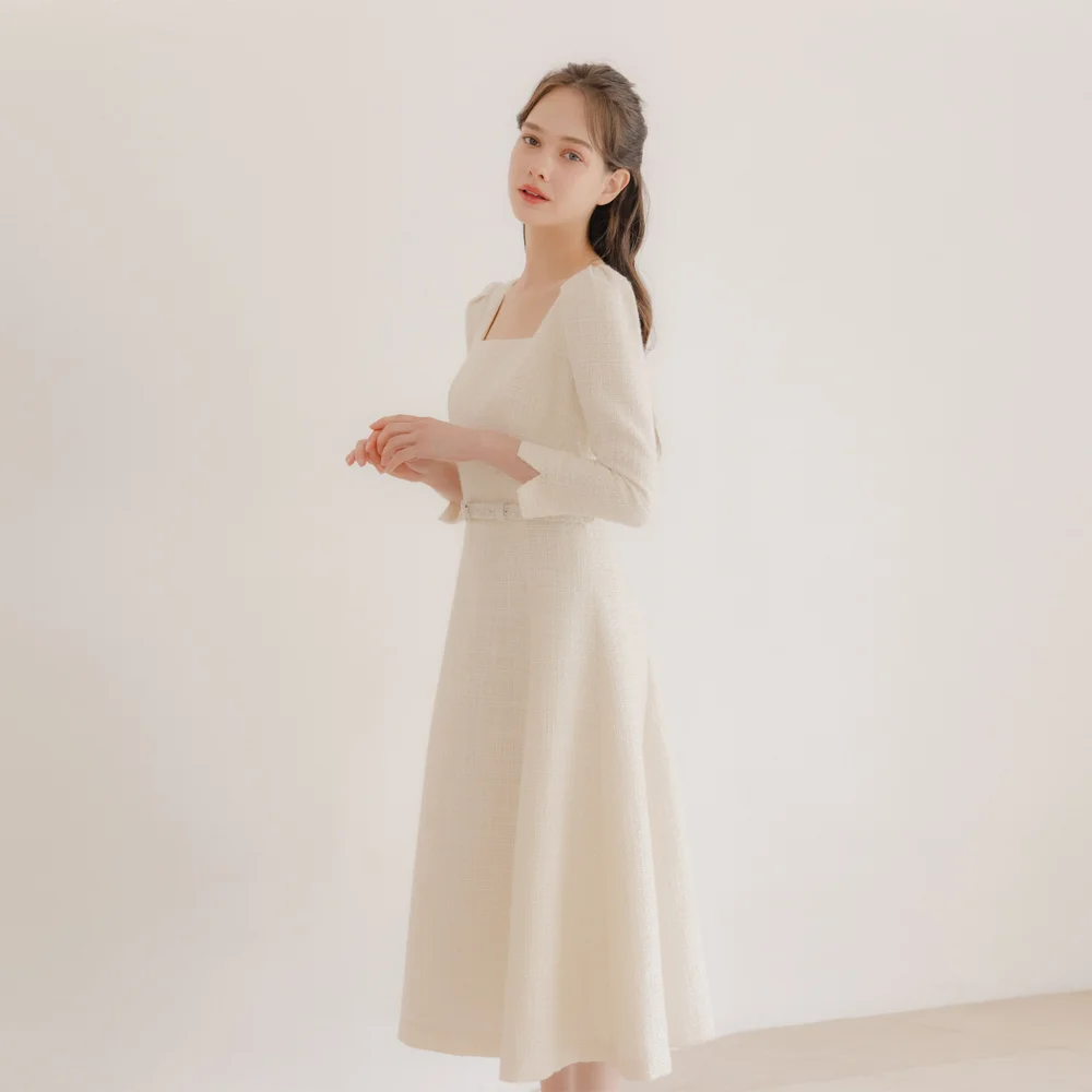 Tweed Square-neck Flare Dress / Ivory(3color)