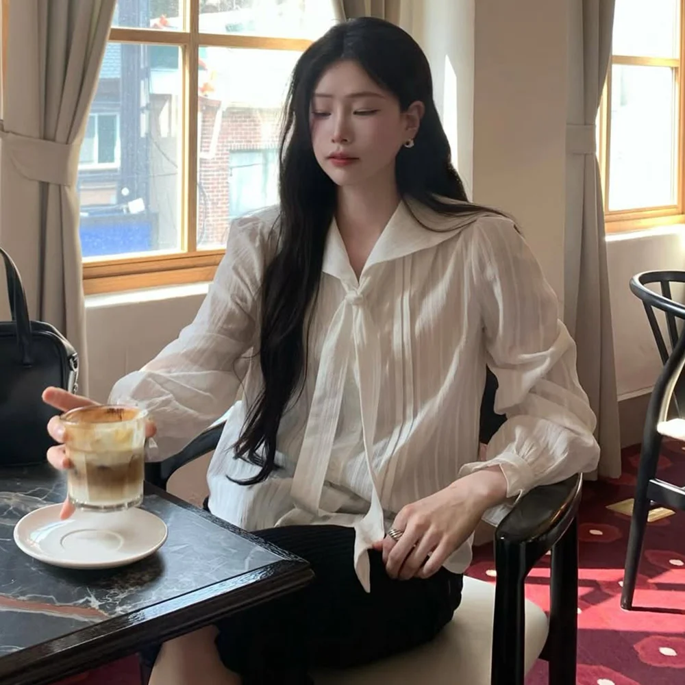 Sailor tie stripe blouse - white